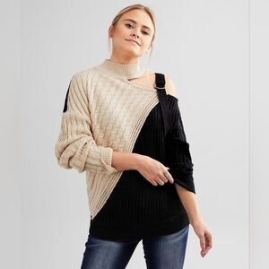 Buckle Red By BKE Black Cream Tan Mock Neck Cold Shoulder Sweater
